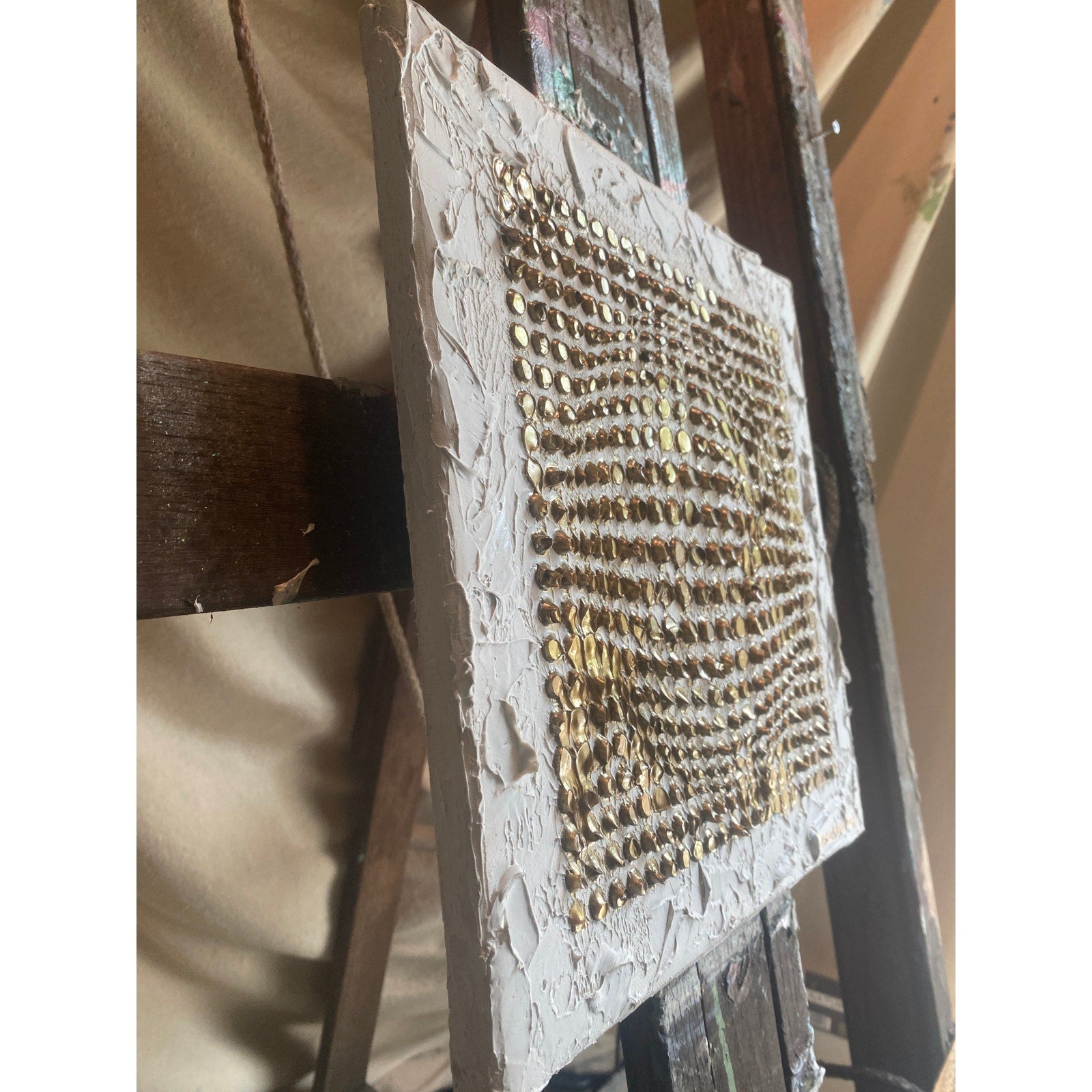 Abstract ORIGINAL Art White & Gold Textured painting, Handmade wall art, 12"x12"