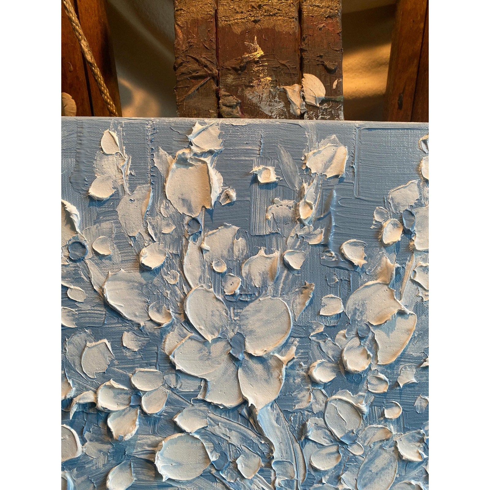 Wedgewood Blue Original Palette Knife Impasto Painting: White Cherry Blossoms tree (24"x24")