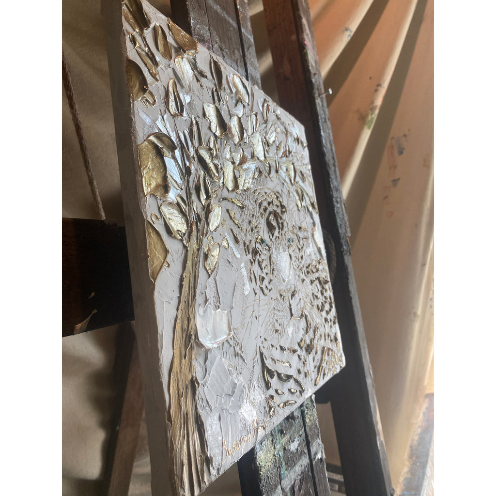 Leopard, Big Cat Animal Painting Abstract ORIGINAL Art White & Gold Textured painting, Handmade wall art