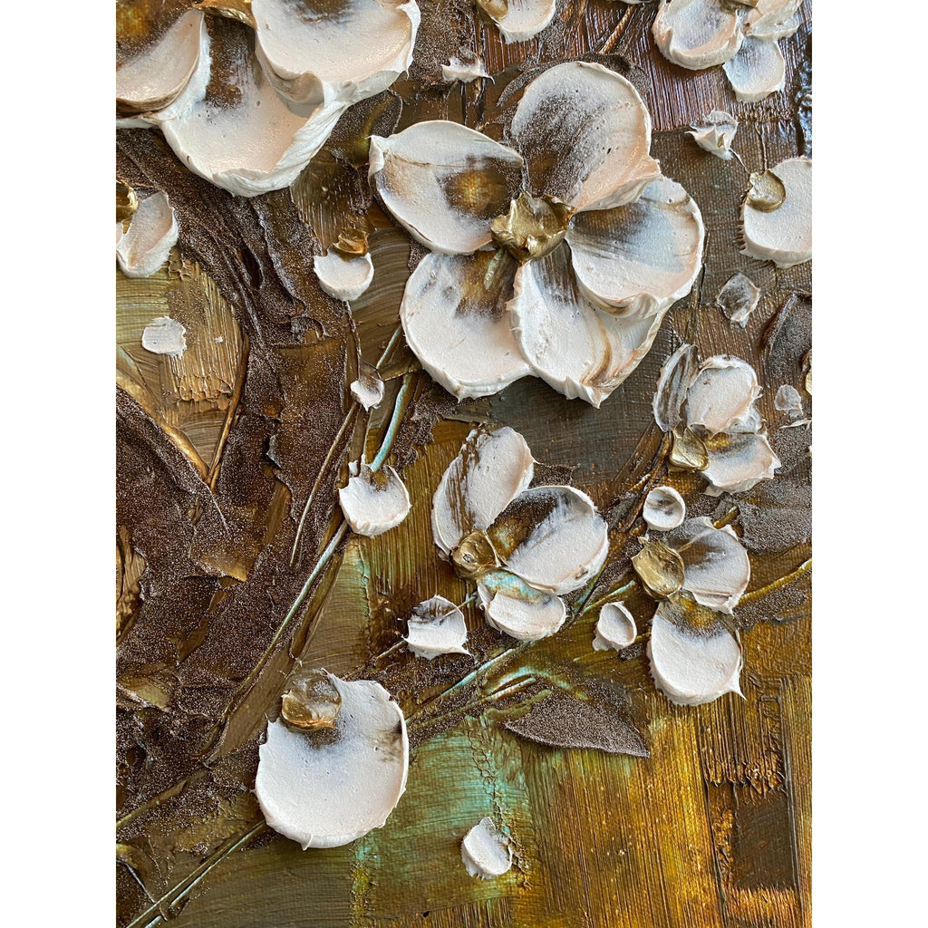 Textured Original White Cherry Blossom Palette Knife Impasto Painting (24x24")