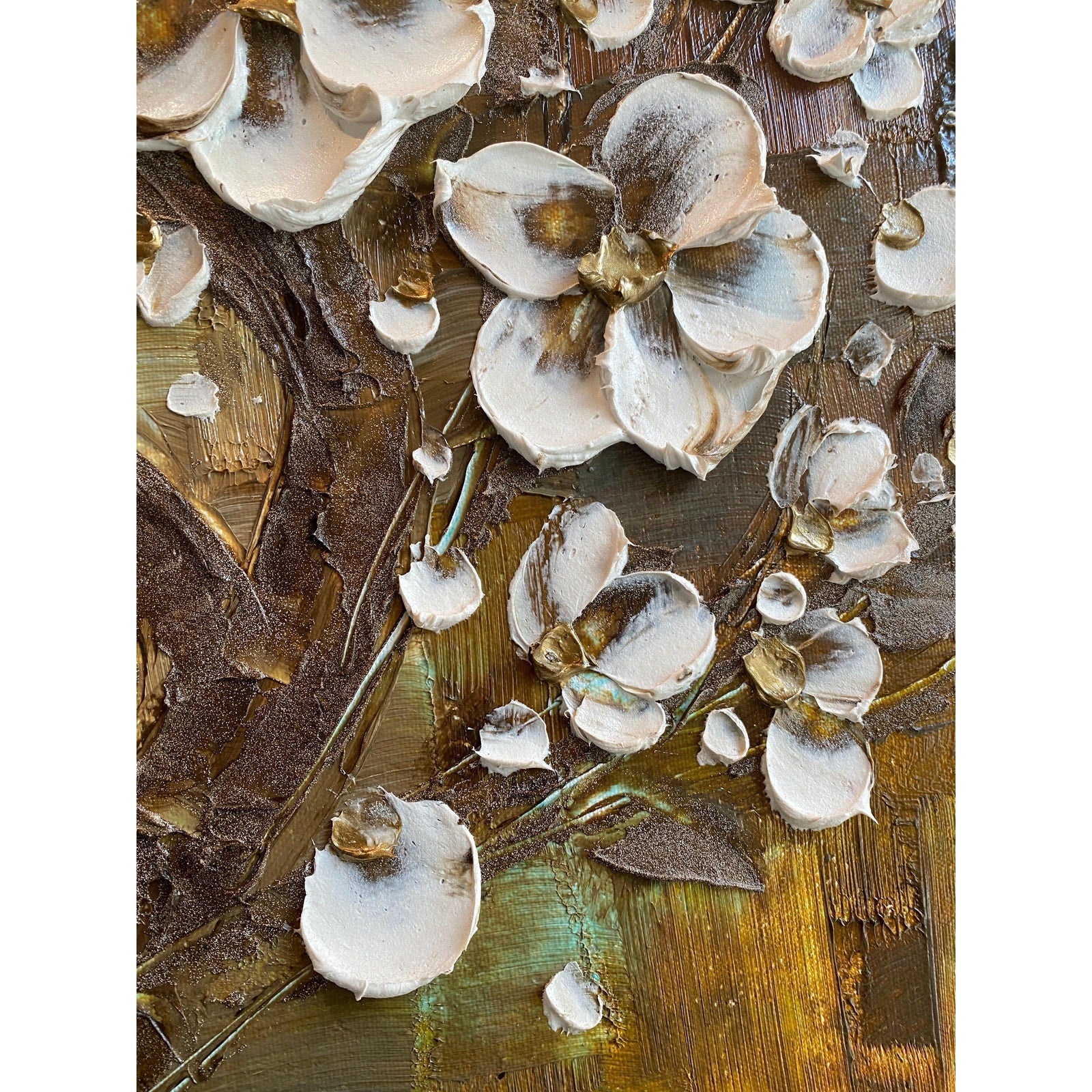 Textured Original White Cherry Blossom Palette Knife Impasto Painting (24x24")