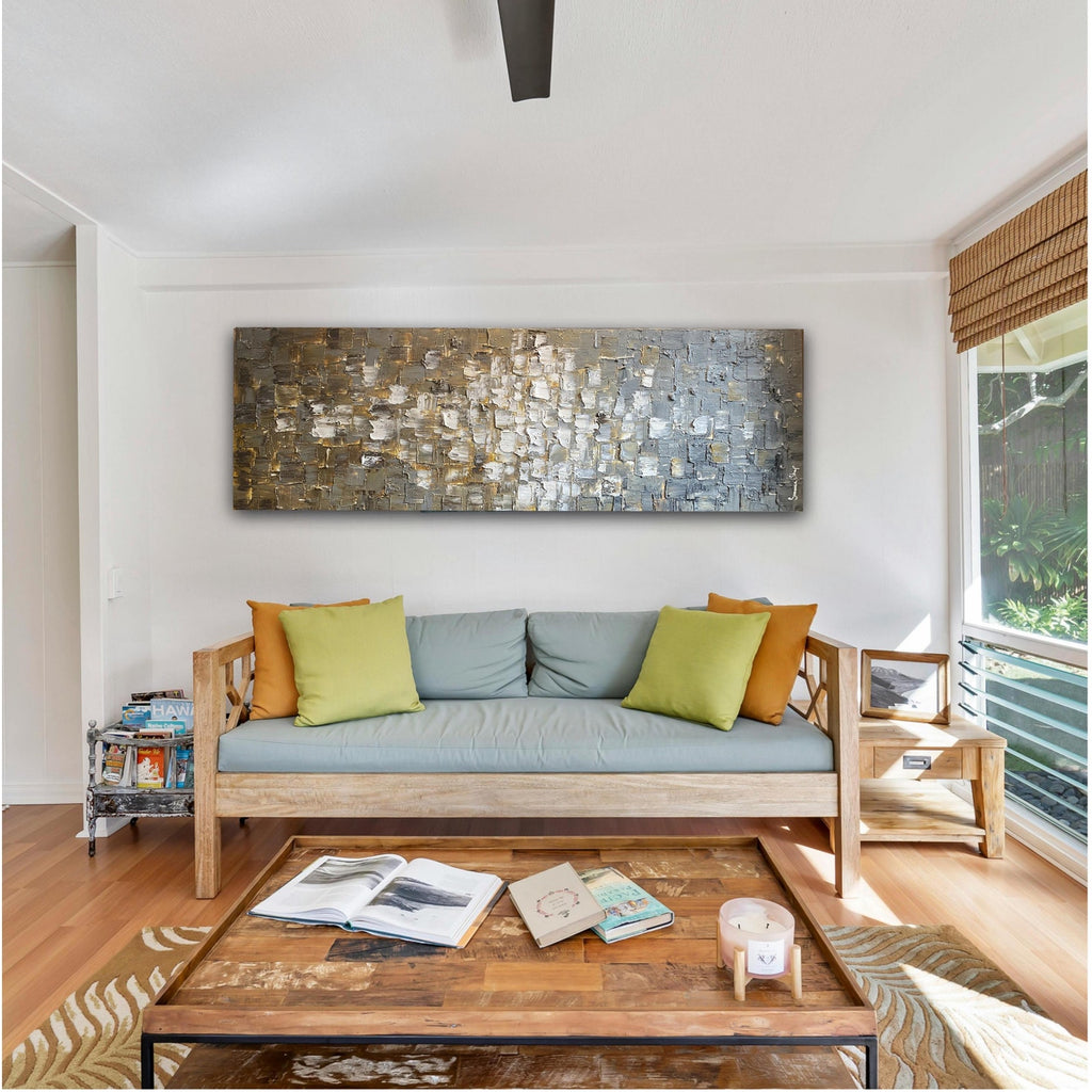 ORIGINAL Heavy Textured Large Abstract Minimalist painting Neutral Beige Gray Squares Geometric 60"x20" Palette knife Art- by Susanna Shap