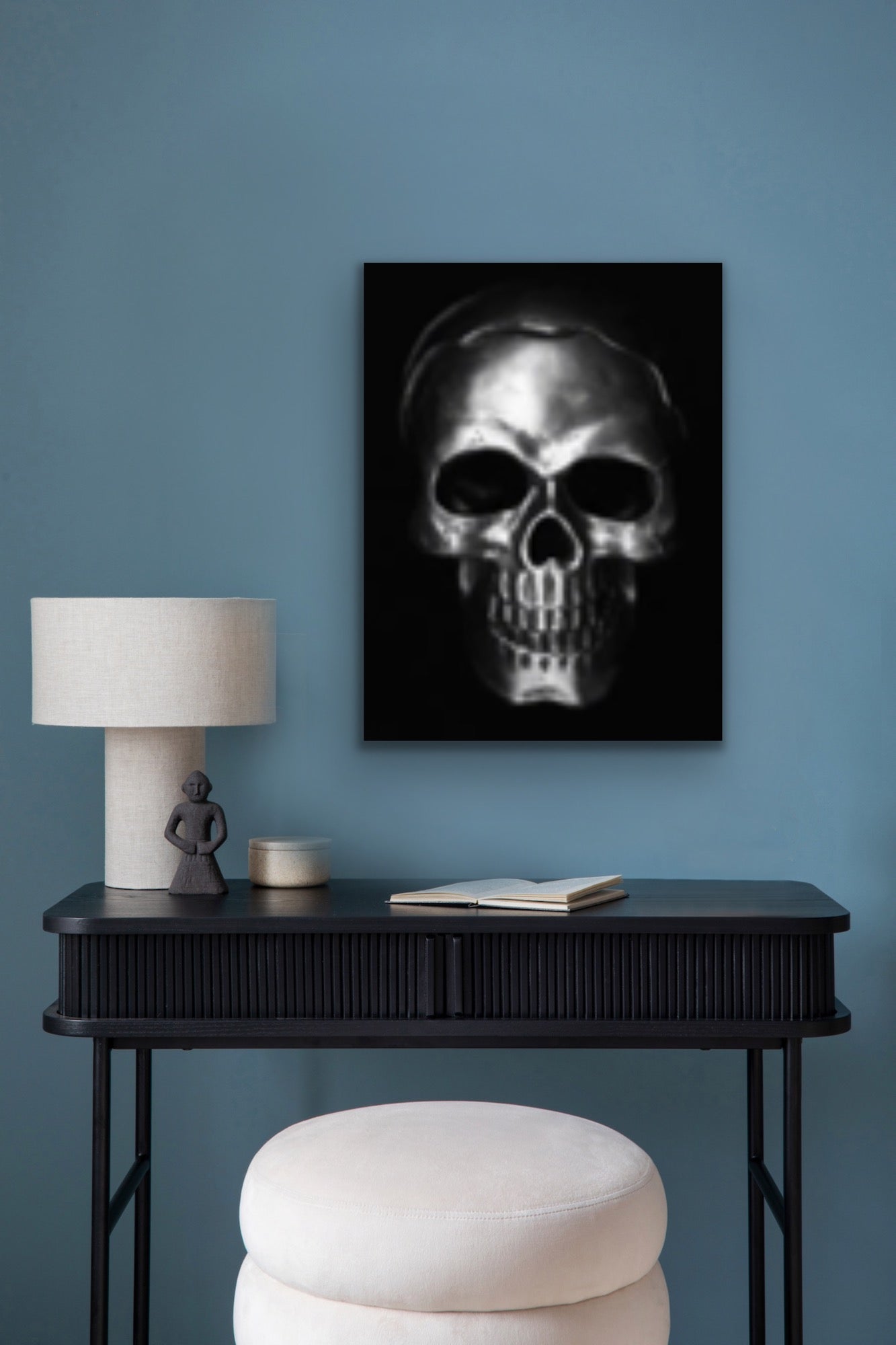 Silver skull on black, Original Photography, Gothic Halloween Wall art home decor, Stretched Canvas, Fine Art Giclee PRINT, Small-X large
