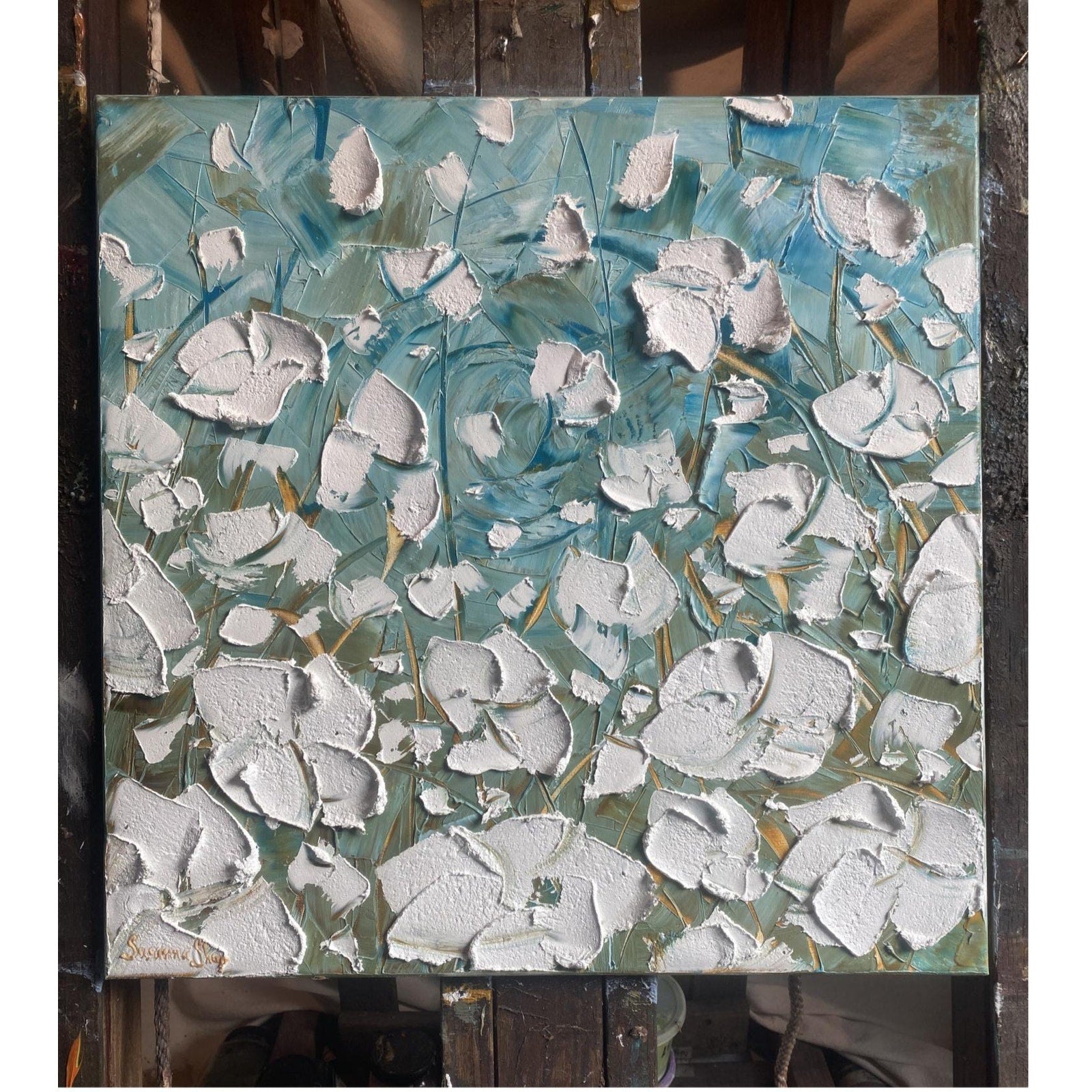 ORIGINAL floral oil painting, white poppies landscape on canvas impasto Textured Palette knife Wall Art 20x20" by Susanna Shap