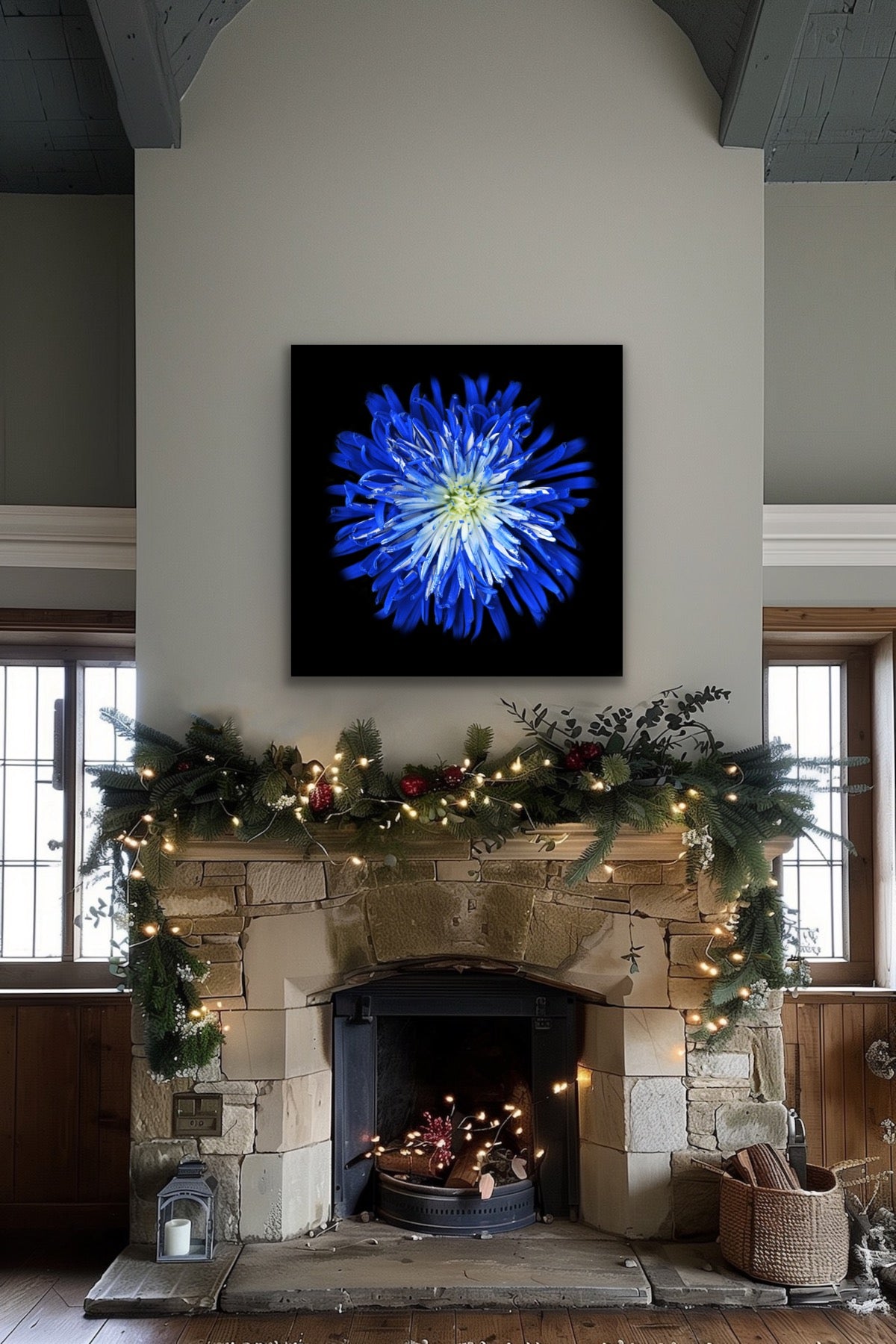Blue flower Original Photography, Wall art, Stretched Canvas, Blue Christmas decor, Fine Art Giclee PRINT, by susanna shap