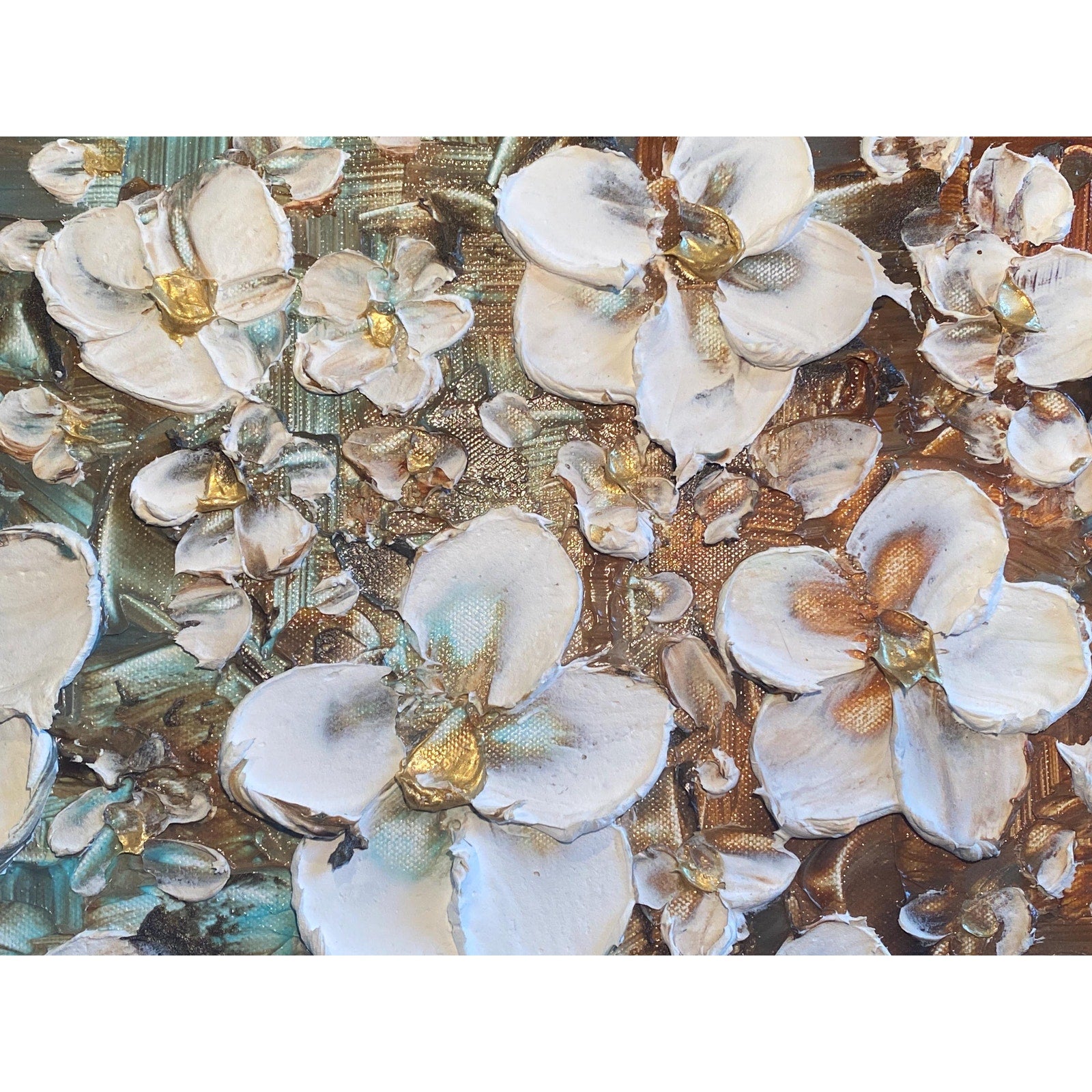 Abstract Heavy Textured White Flower Blossoms Bouquet, Still life Original Painting on Canvas, Impasto palette knife Art 24”x24”