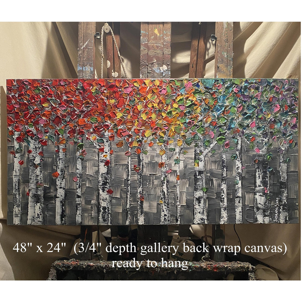 Original Textured Birch Trees Impasto Painting by Susanna Shap (48"x24")