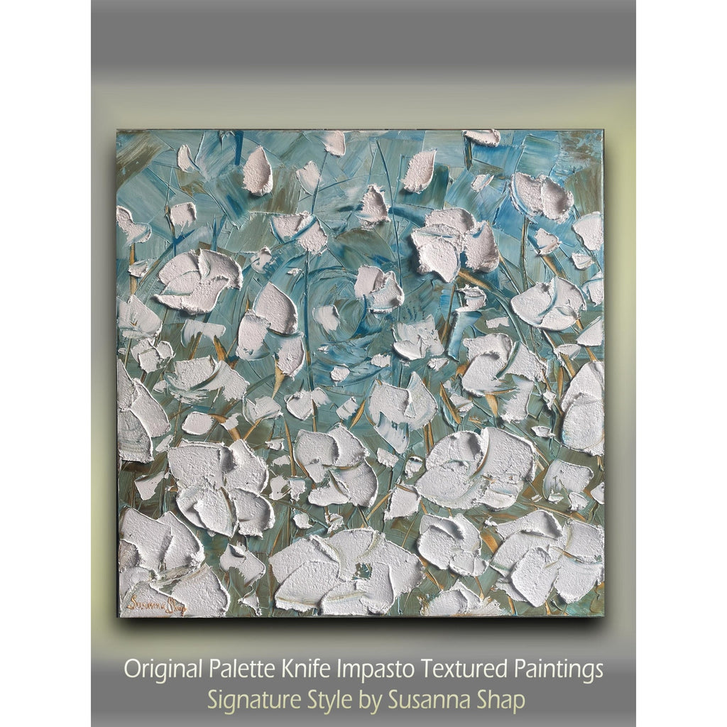 ORIGINAL floral oil painting, white poppies landscape on canvas impasto Textured Palette knife Wall Art 20x20" by Susanna Shap