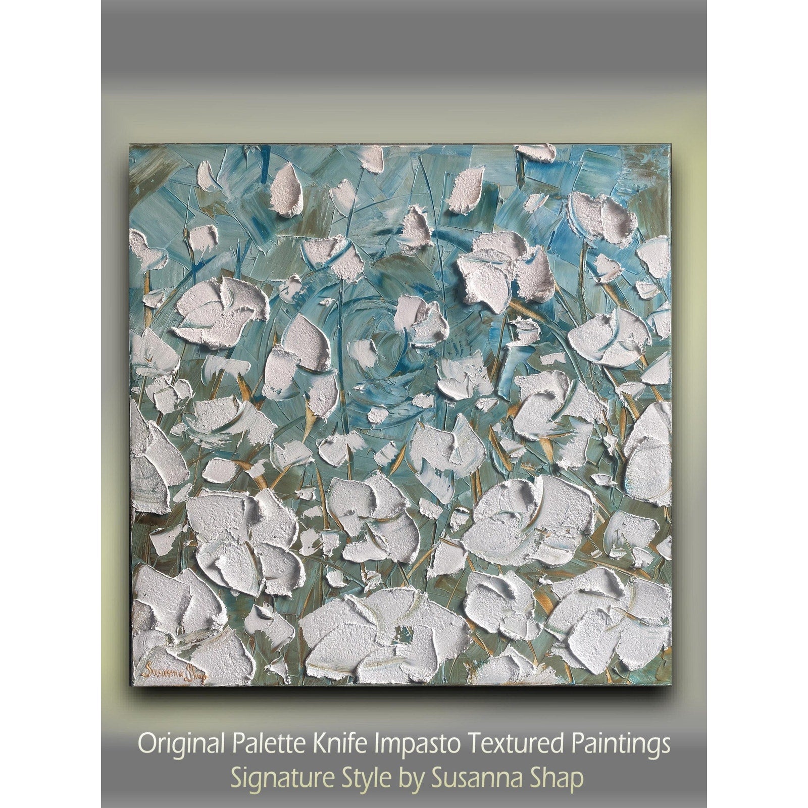 ORIGINAL floral oil painting, white poppies landscape on canvas impasto Textured Palette knife Wall Art 20x20" by Susanna Shap