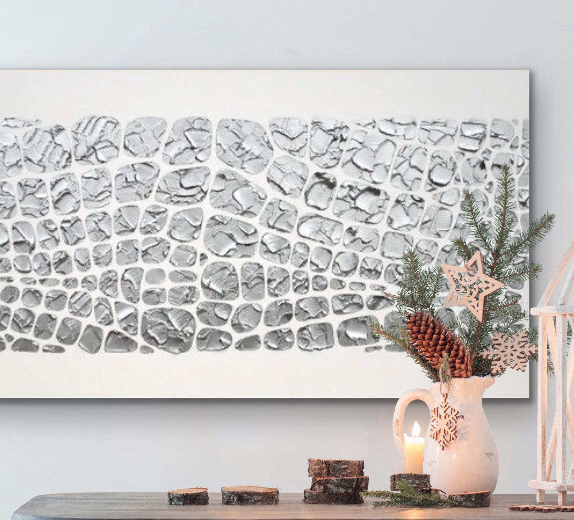 Original painting, metallic silver on white, Textured Large Abstract Art MADE2ORDER Mosaic Painting (48”x24”)