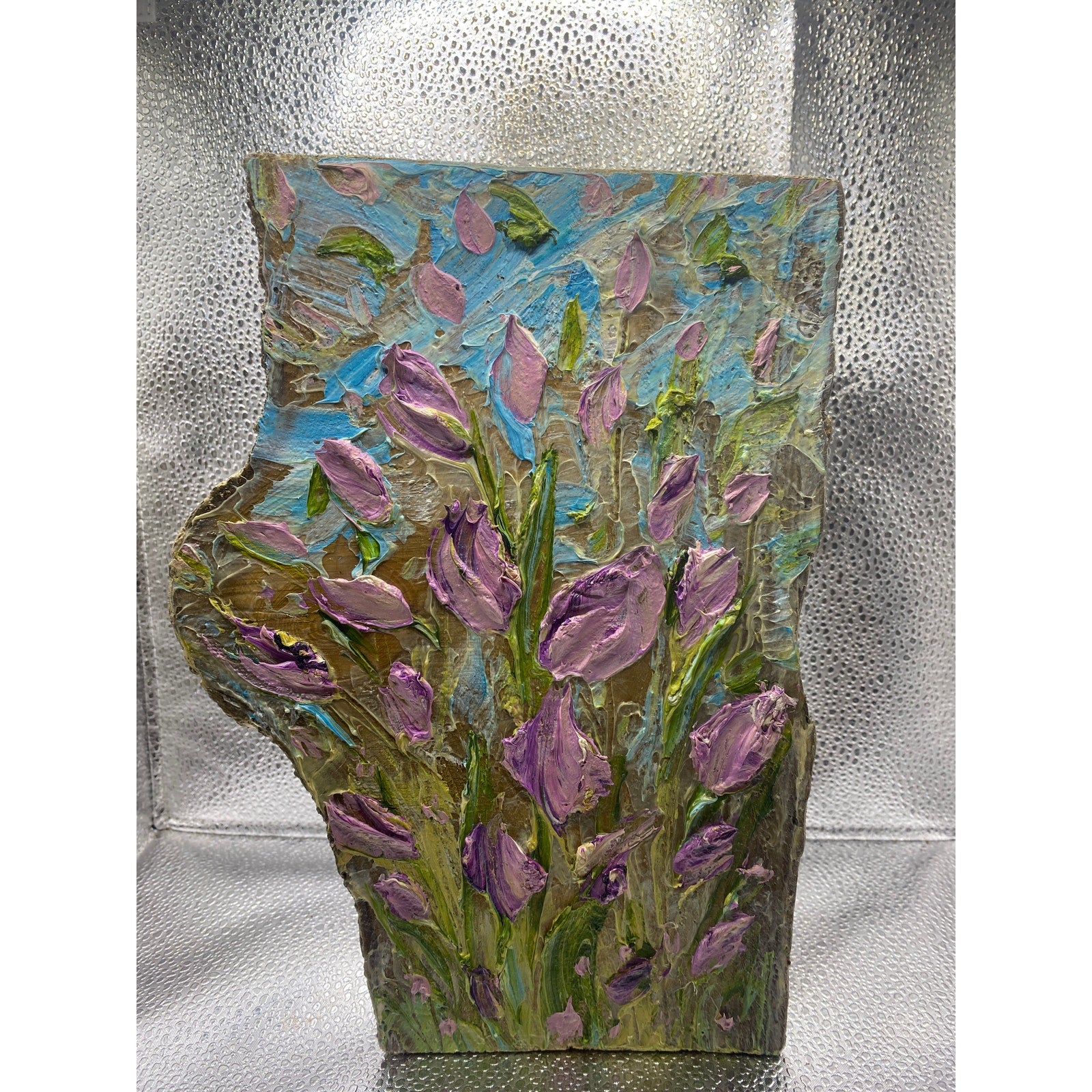 ORIGINAL Purple tulips Small Floral landscape oil painting, Textured Abstract Tactile Art on wood