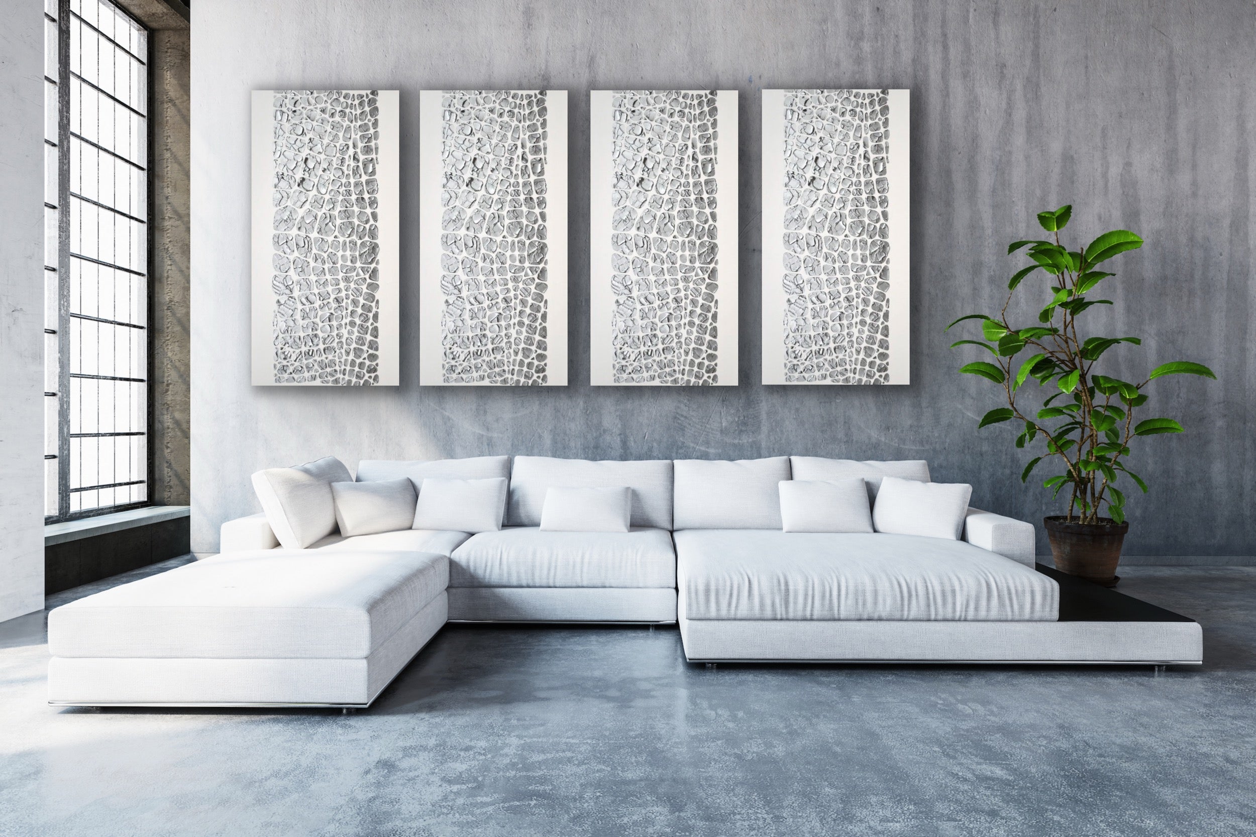 Original painting, metallic silver on white, Textured Large Abstract Art MADE2ORDER Mosaic Painting (48”x24”)