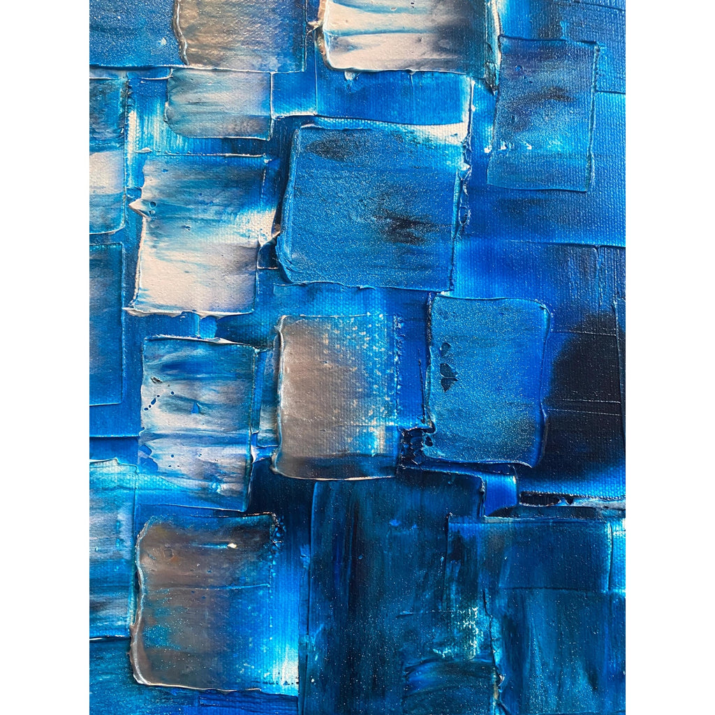 ORIGINAL Black Blue tonal large abstract painting Textured Squares Geometric Palette knife Art 48"x24" - by Susanna Shap