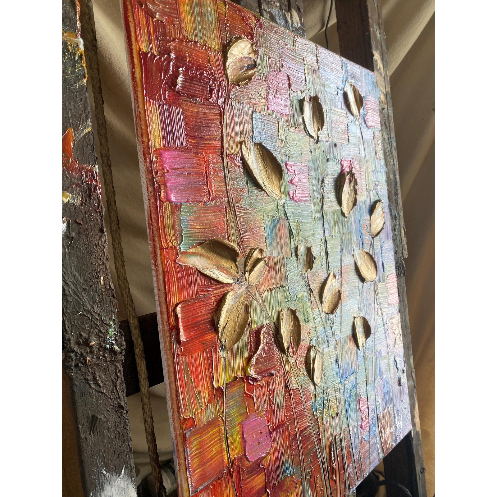 Original Gold Tulips Painting: Abstract Flowers, Textured Palette Knife Impasto Art