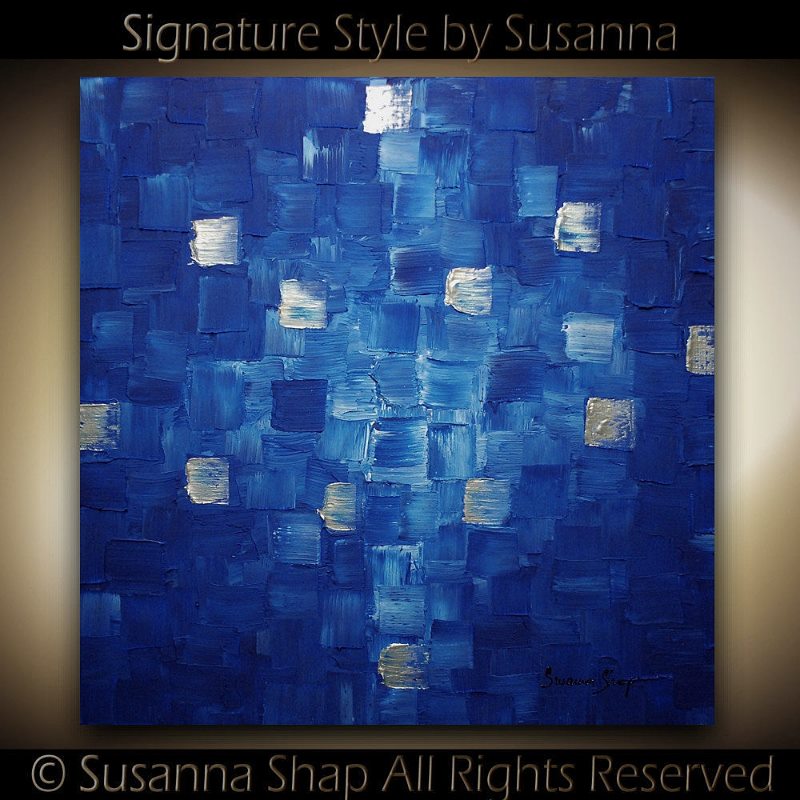 Original Blue Black and silver Modern Art Abstract painting, Geometric Squares Impasto Textured palette knife art by susanna shap (MADE2ORDER)