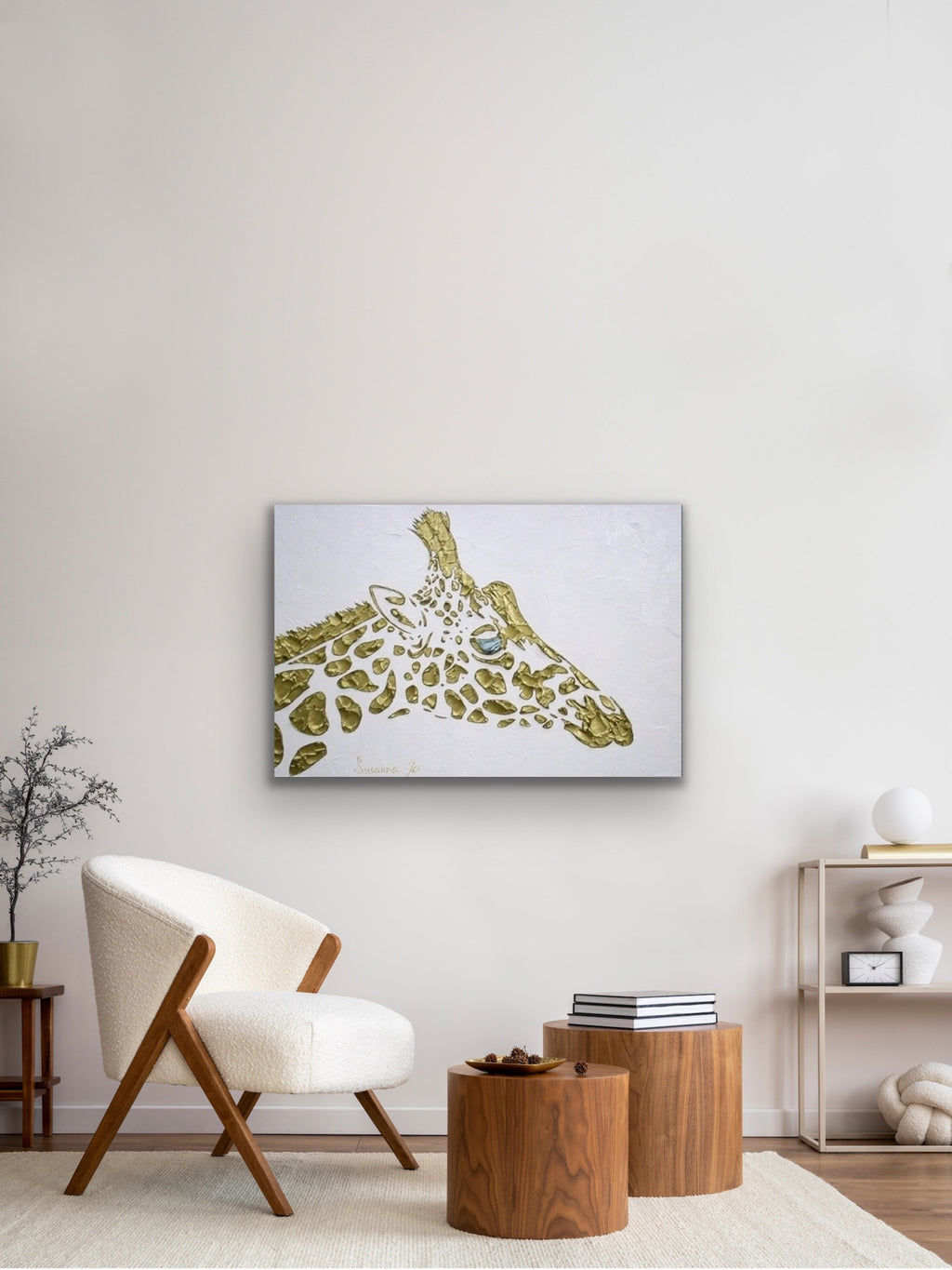 Abstract Original Giraffe Painting, Gold On White, palette knife impasto, 24”x36” MADE2ORDER