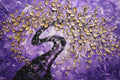 Abstract impasto texture painting of a black tree with golden leaves on a purple background, created with palette knives, ready to hang, 24x48 inches.