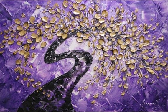Abstract impasto texture painting of a black tree with golden leaves on a purple background, created with palette knives, ready to hang, 24x48 inches.