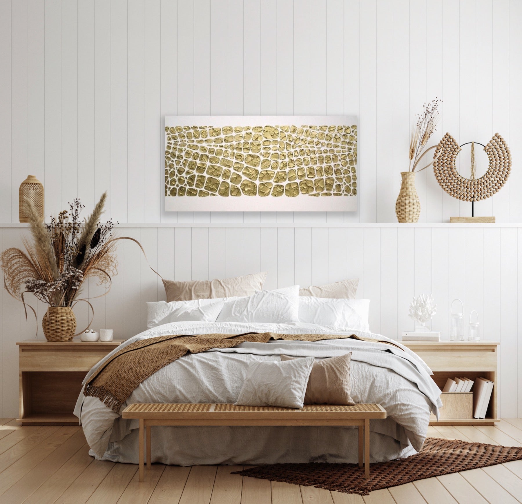 Original white and gold Textured Large Abstract Art MADE2ORDER Mosaic Painting (48”x24”)