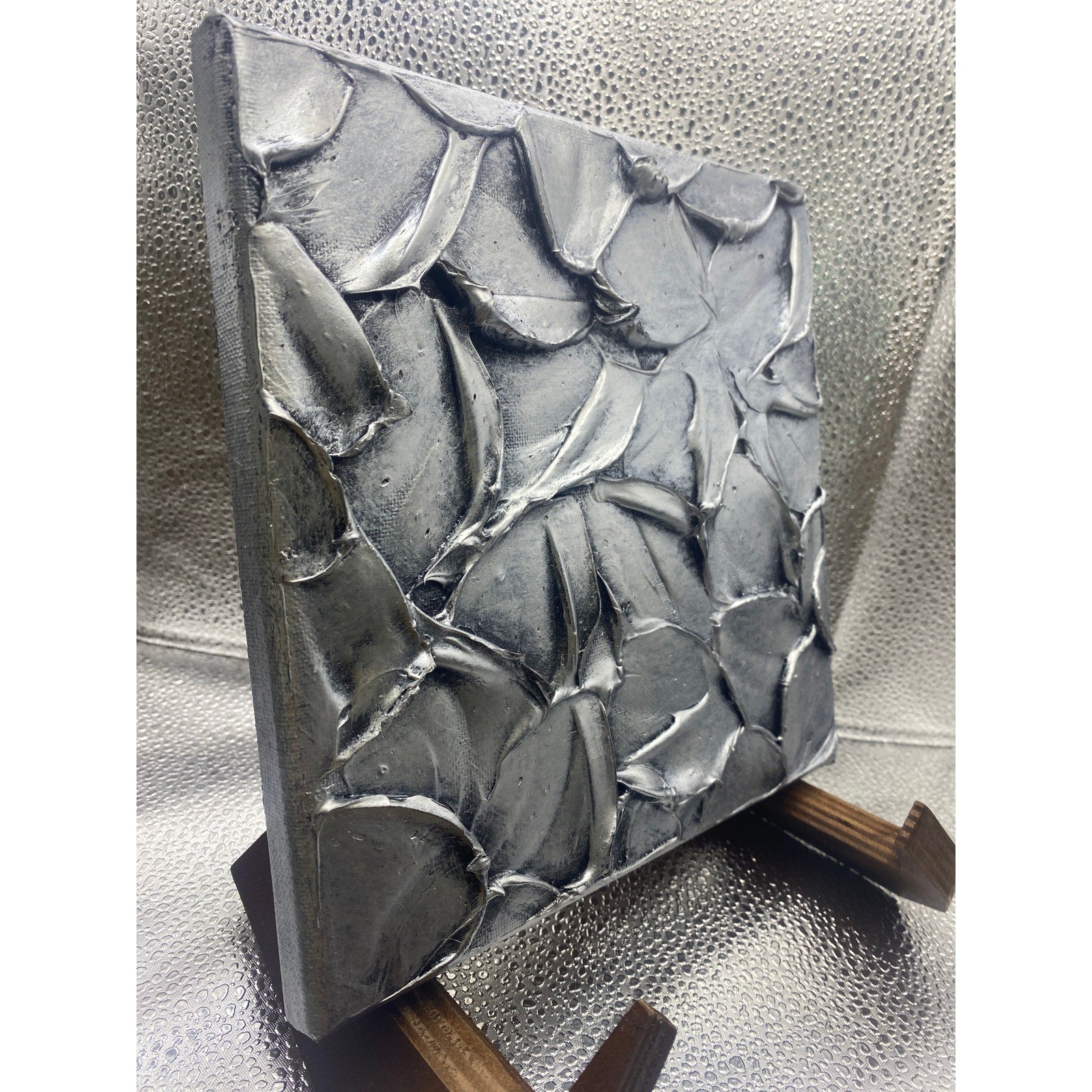 ORIGINAL Abstract Metallic Silver Textured painting, Palette knife Impasto Small 8" x 8"