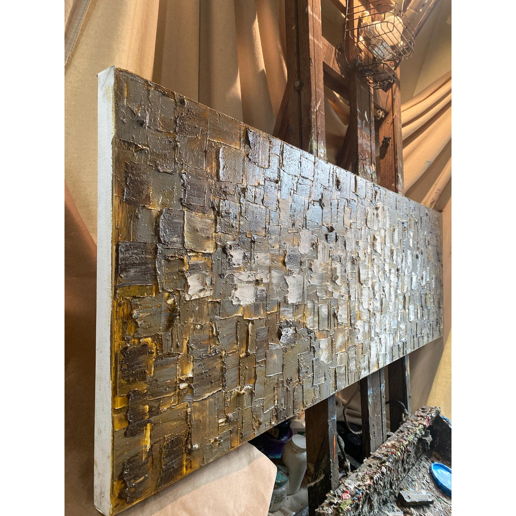 ORIGINAL Heavy Textured Large Abstract Minimalist painting Neutral Beige Gray Squares Geometric 60"x20" Palette knife Art- by Susanna Shap