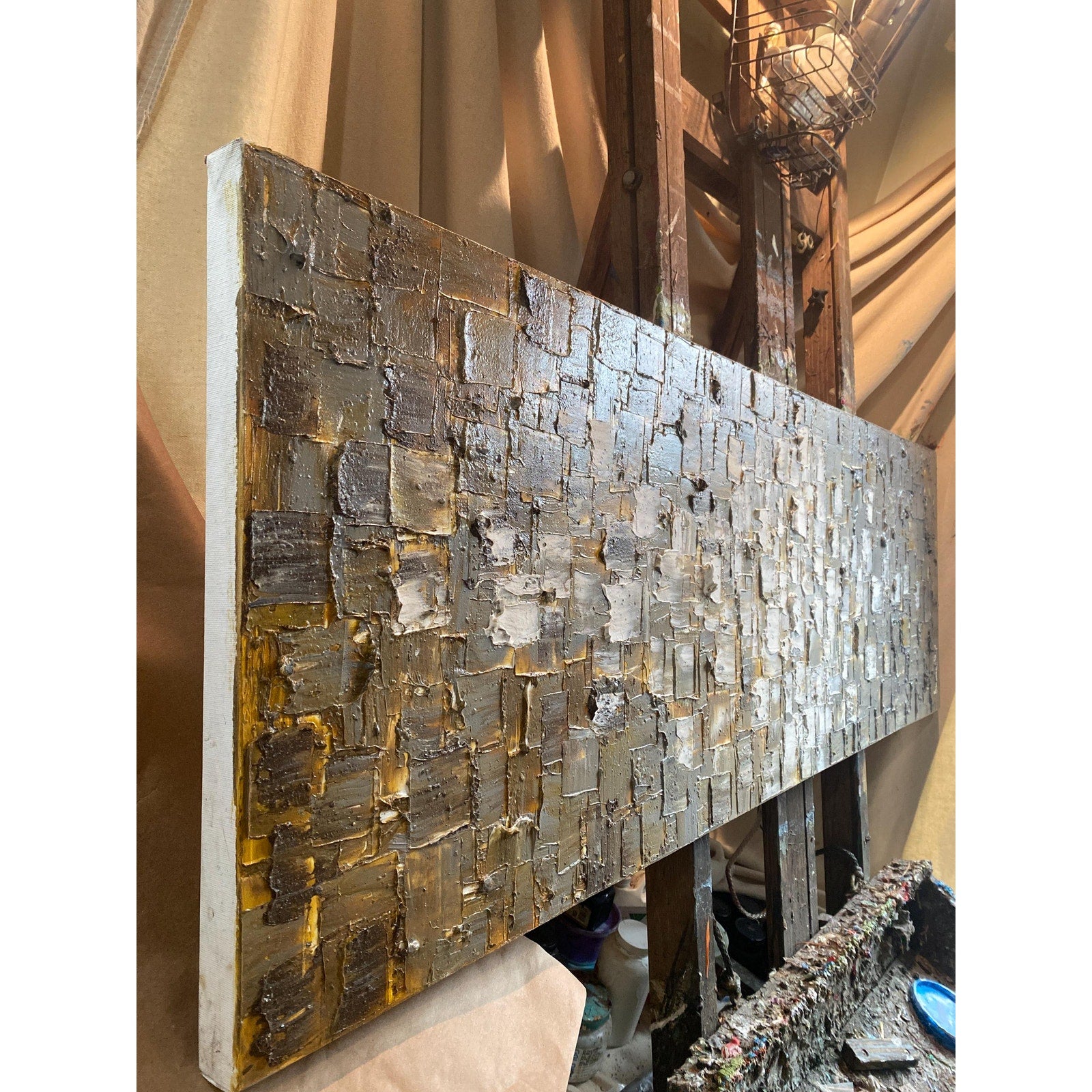 ORIGINAL Heavy Textured Large Abstract Minimalist painting Neutral Beige Gray Squares Geometric 60"x20" Palette knife Art- by Susanna Shap