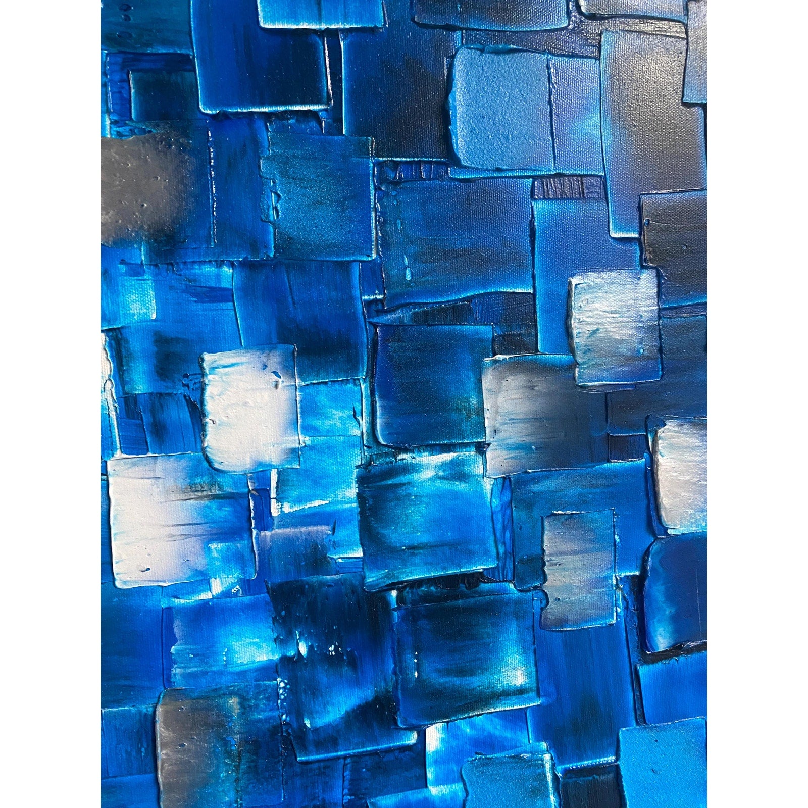 ORIGINAL Black Blue tonal large abstract painting Textured Squares Geometric Palette knife Art 48"x24" - by Susanna Shap