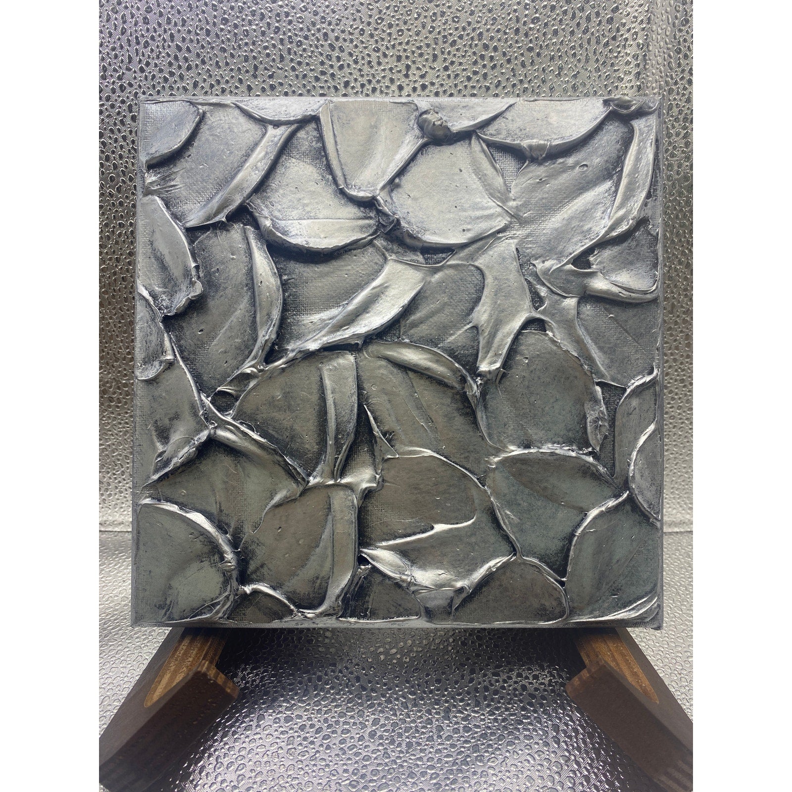ORIGINAL Abstract Metallic Silver Textured painting, Palette knife Impasto Small 8" x 8"