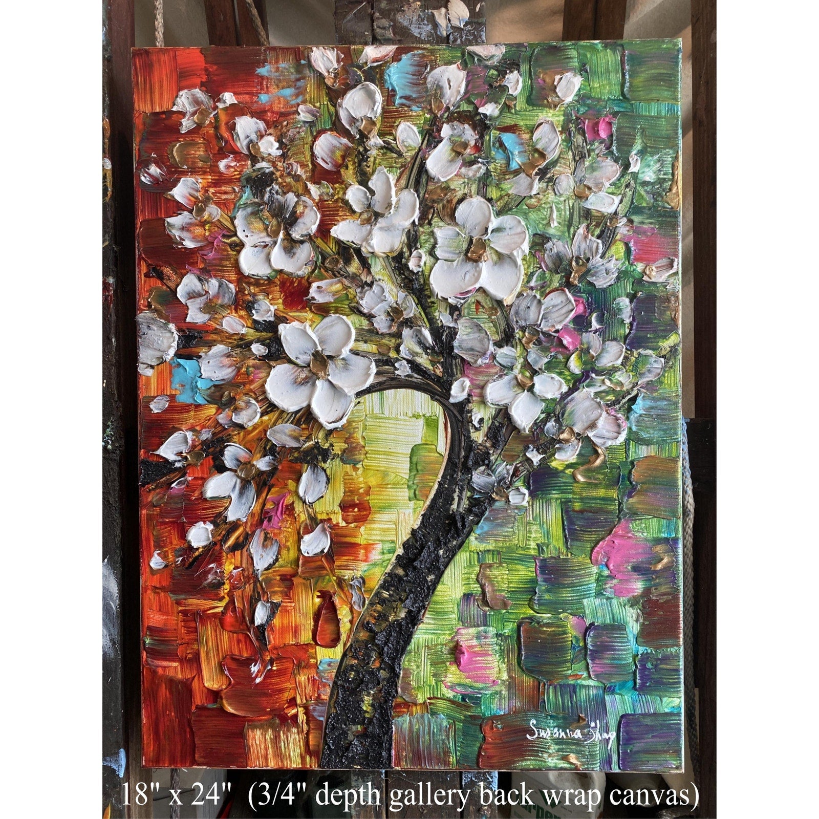 Original Palette Knife Cherry Blossom Painting, Textured Impasto Art (18"x24")