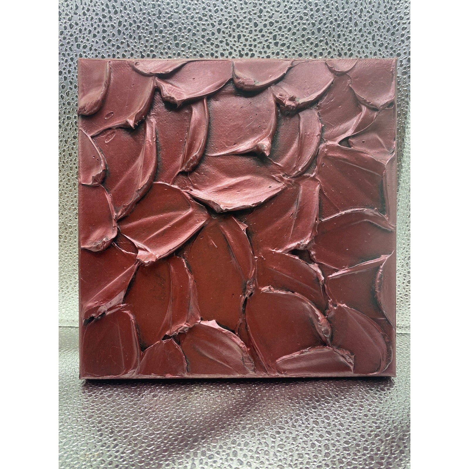 ORIGINAL Abstract Textured painting Metallic Garnet Red, Palette knife Impasto Small 8" x 8"