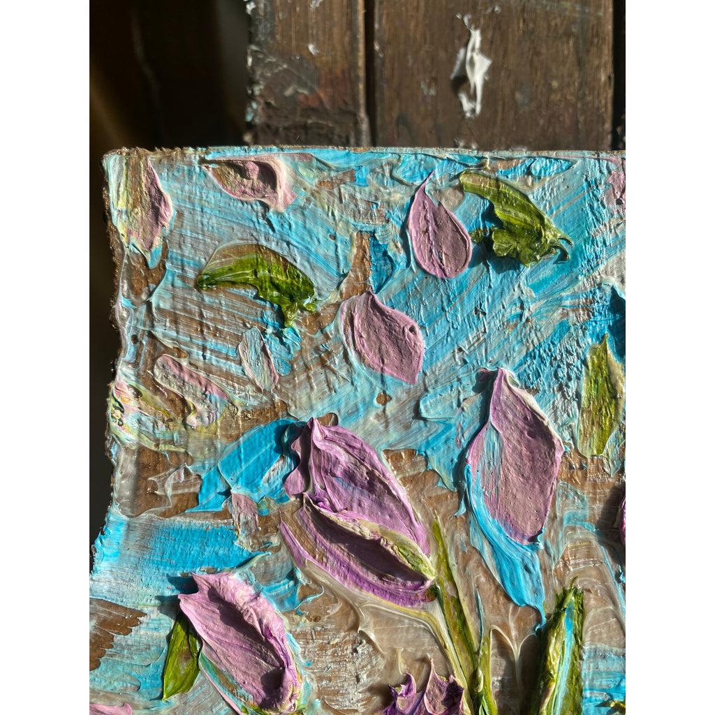 ORIGINAL Purple tulips Small Floral landscape oil painting, Textured Abstract Tactile Art on wood