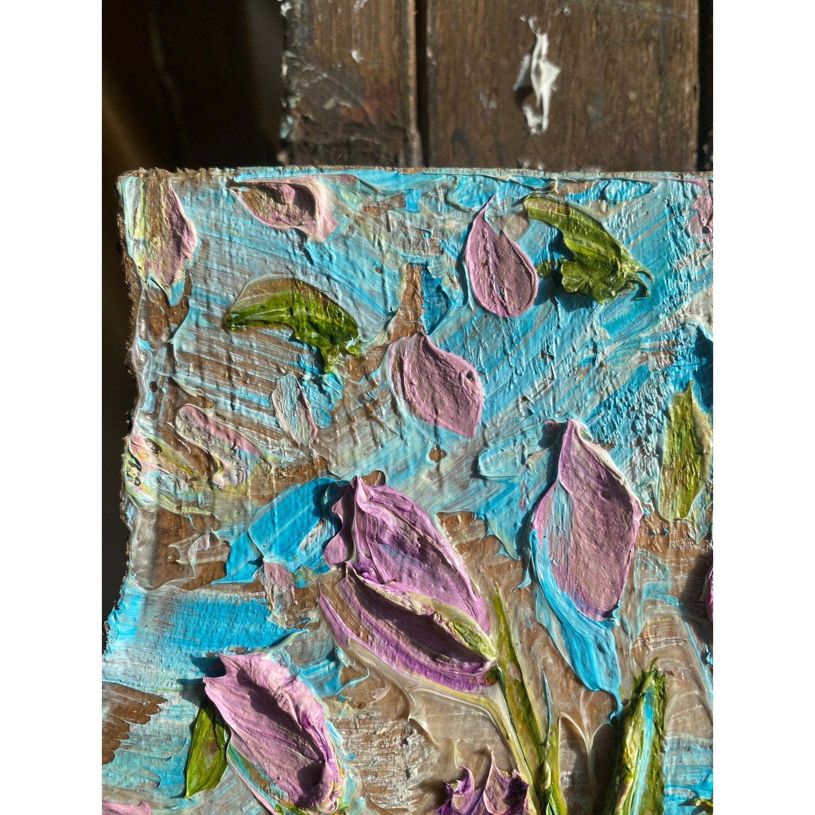 ORIGINAL Purple tulips Small Floral landscape oil painting, Textured Abstract Tactile Art on wood