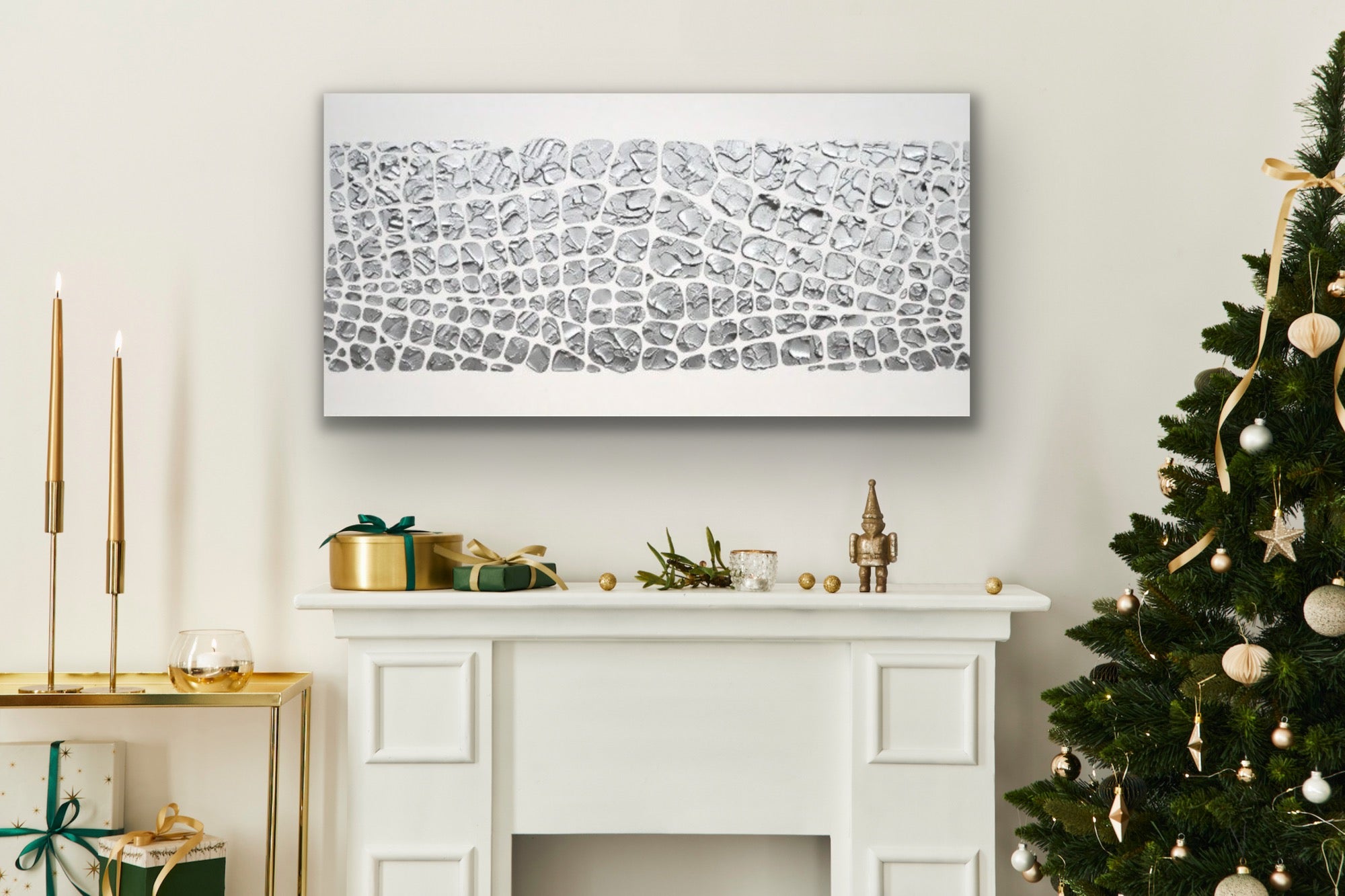 Original painting, metallic silver on white, Textured Large Abstract Art MADE2ORDER Mosaic Painting (48”x24”)