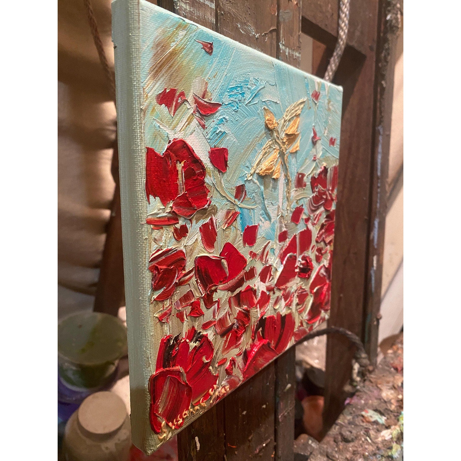 ORIGINAL small oil painting of dragonfly and red poppy flowers landscape on canvas Textured Palette knife art 8x8” by Susanna Shap