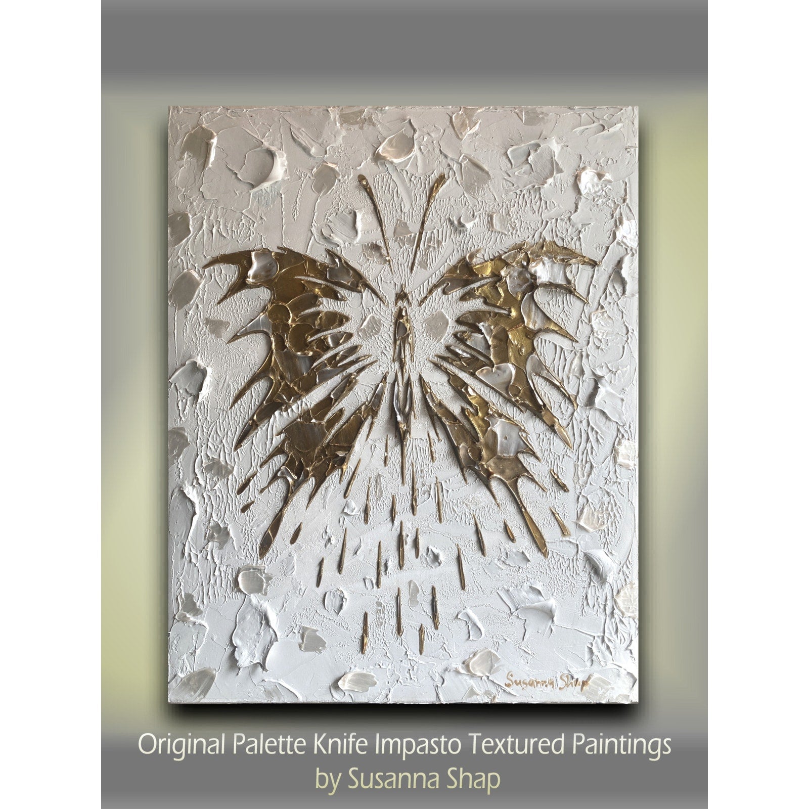 Butterfly Fairy ORIGINAL Art Abstract White & Gold Textured painting, HandMade Artwork Canvas wall art  16x20"