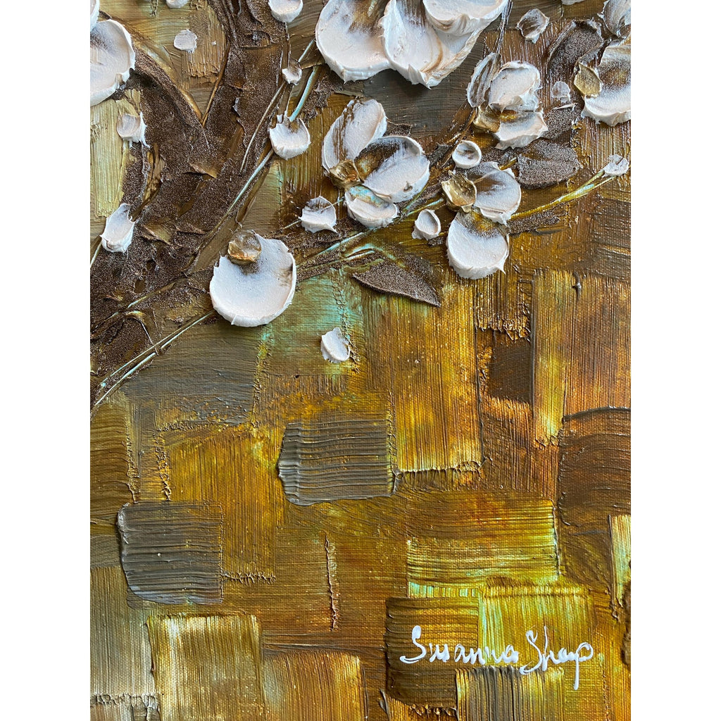 Textured Original White Cherry Blossom Palette Knife Impasto Painting (24x24")