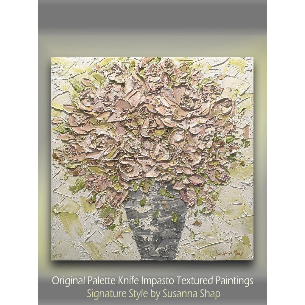 Mauve pink Roses floral oil painting bouquet still life ORIGINAL on canvas impasto Textured Palette knife Art 20x20" by Susanna Shap