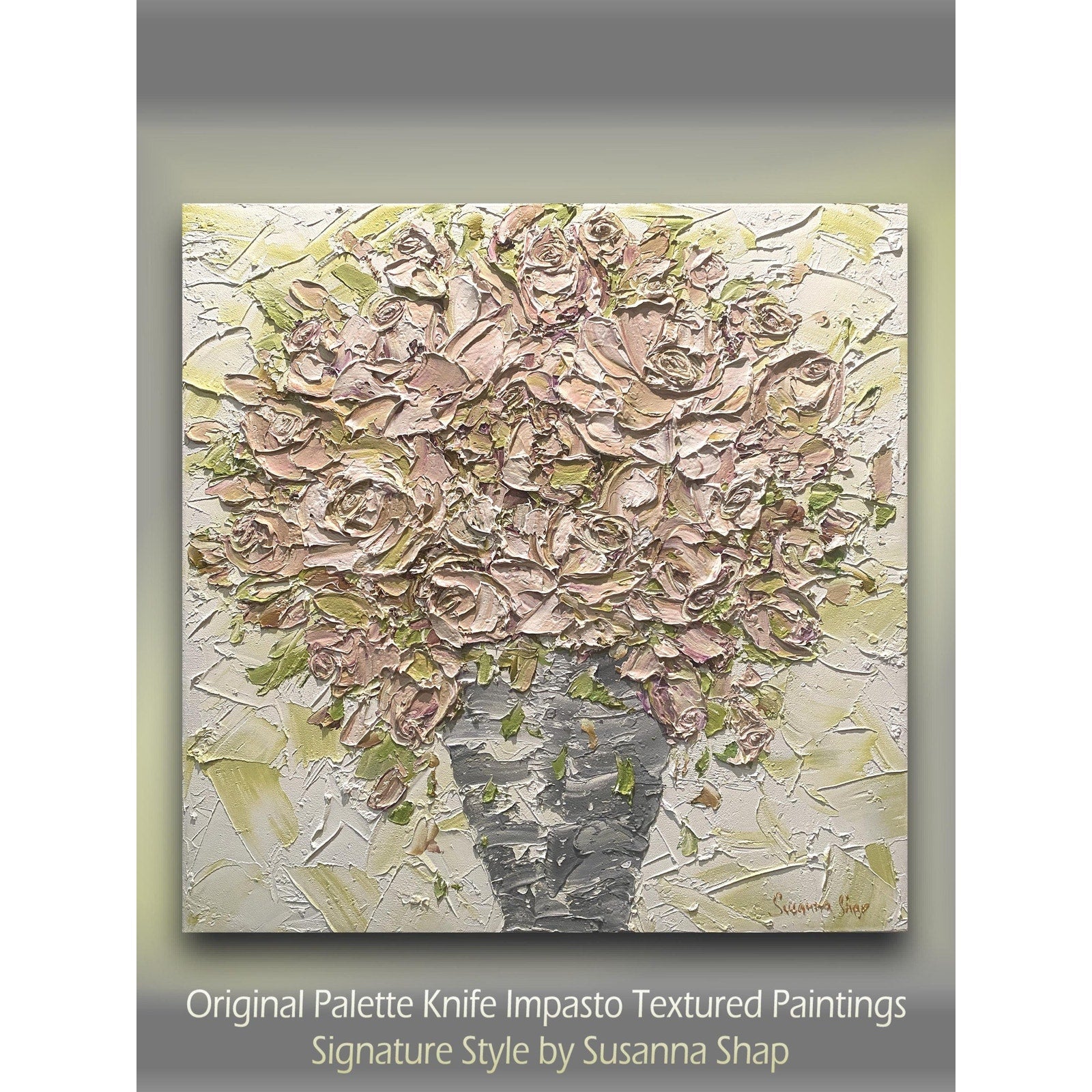 Mauve pink Roses floral oil painting bouquet still life ORIGINAL on canvas impasto Textured Palette knife Art 20x20" by Susanna Shap