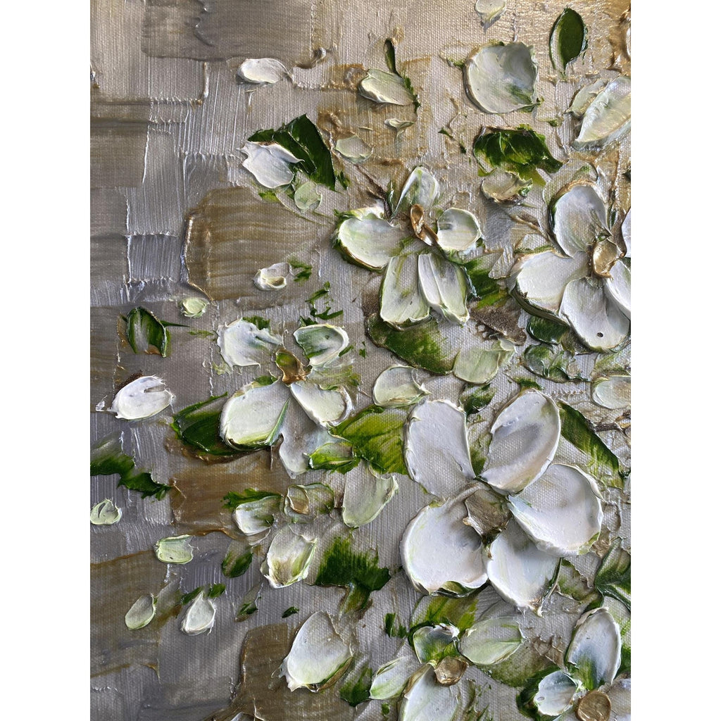 Original White Blossom Flowers Bouquet in vase floral still life Textured Impasto Painting, Palette Knife Fine Art (24"x36")