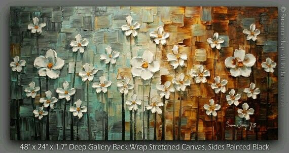 Original Painting White Flower Blossoms Modern Abstract Landscape, Earth tones Grey Beige Impasto Textured palette knife art by susanna shap (MADE2ORDER)