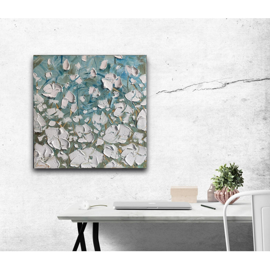 ORIGINAL floral oil painting, white poppies landscape on canvas impasto Textured Palette knife Wall Art 20x20" by Susanna Shap