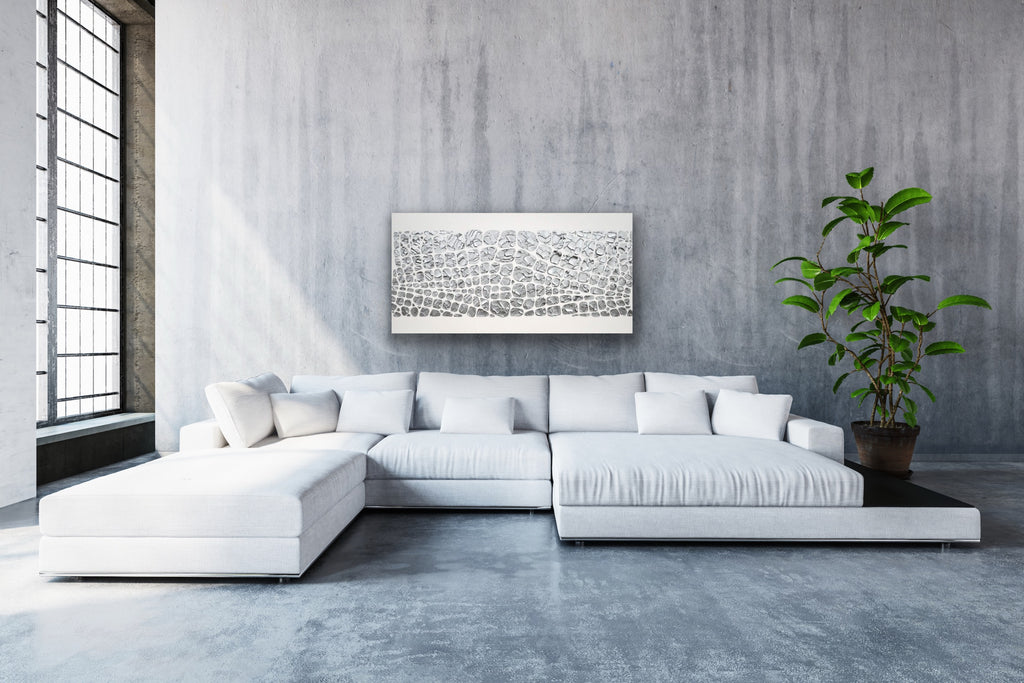 Original painting, metallic silver on white, Textured Large Abstract Art MADE2ORDER Mosaic Painting (48”x24”)