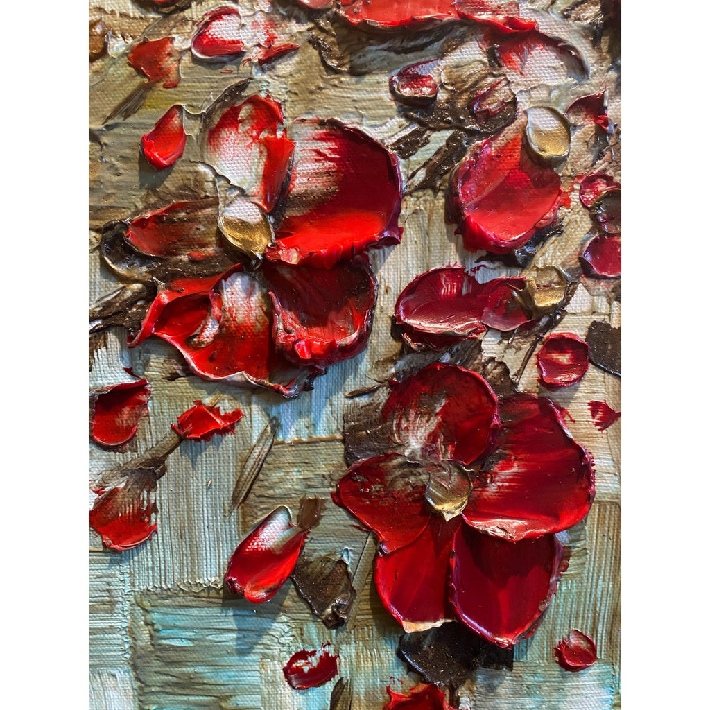 Original Red Cherry Blossom Tree Painting, Palette Knife Impasto Textured Fine Art (36x24")