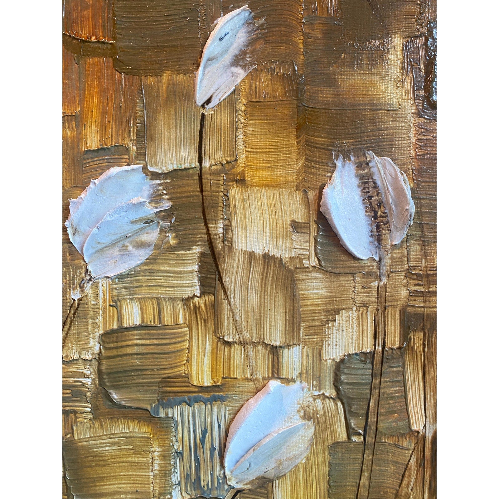 Large ORIGINAL white tulips painting, Abstract Landscape, Textured Palette knife Impasto Fine art by susanna shap (48"x24")