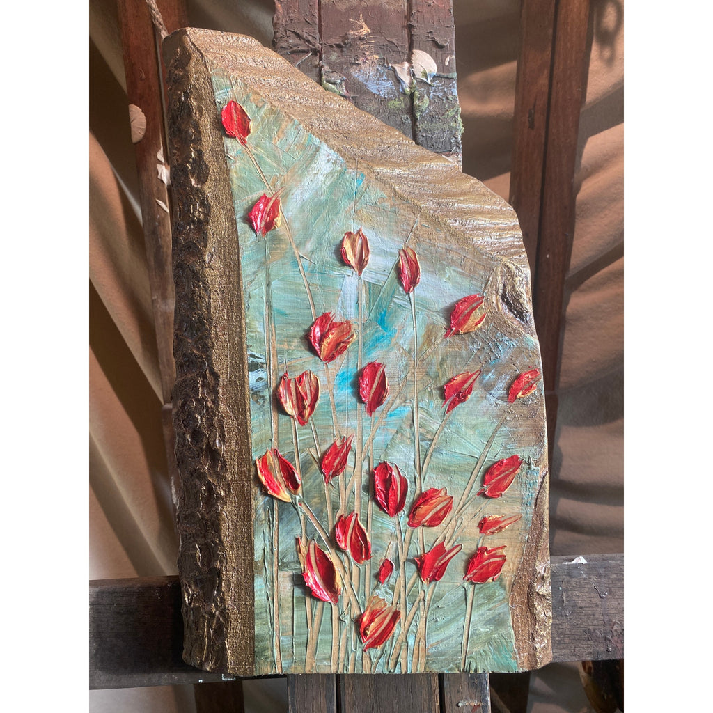 ORIGINAL Tulips Small Floral landscape oil painting, palette knife textured tactile impasto on wood- by Susanna Shap