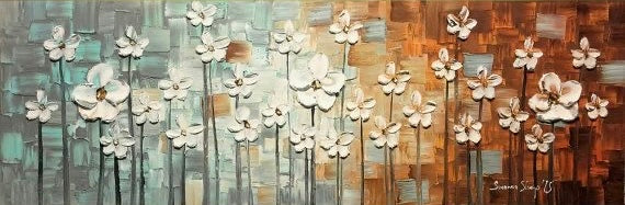 Original Painting White Flower Blossoms Modern Abstract Landscape, Earth tones Grey Beige Impasto Textured palette knife art by susanna shap (MADE2ORDER)