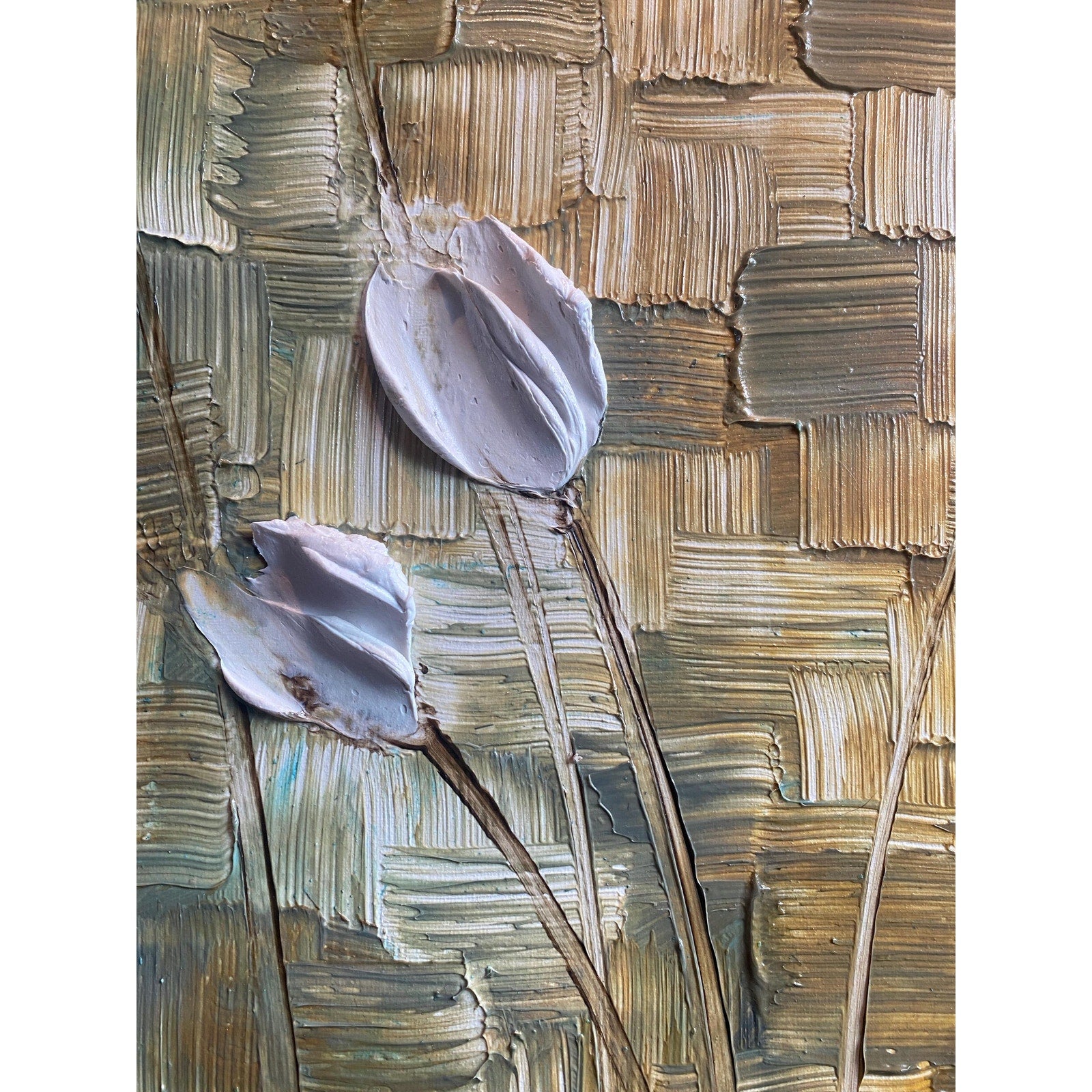 Large ORIGINAL white tulips painting, Abstract Landscape, Textured Palette knife Impasto Fine art by susanna shap (48"x24")