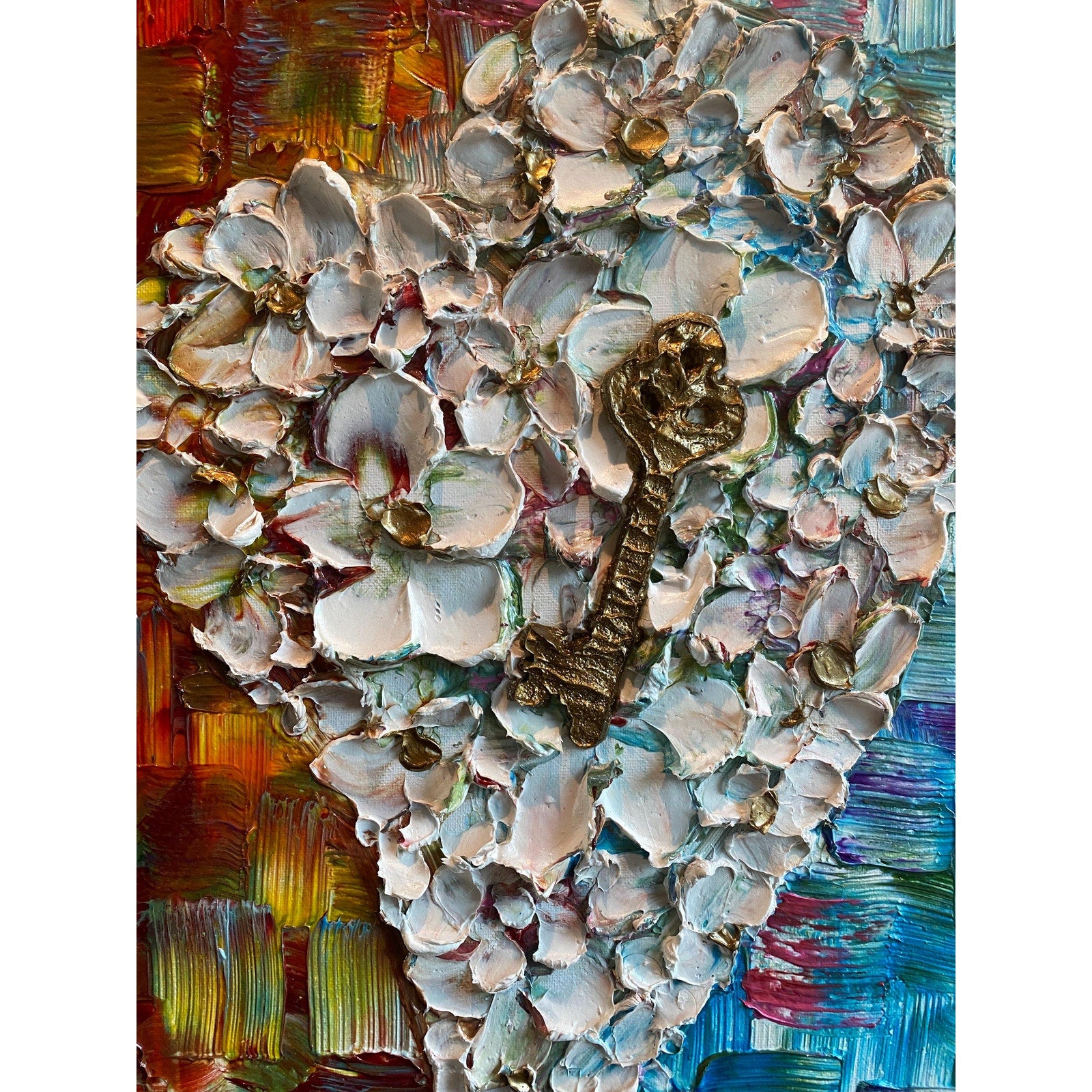 Original Heart Key Textured Painting: Impasto Palette Knife Art (18"x24")