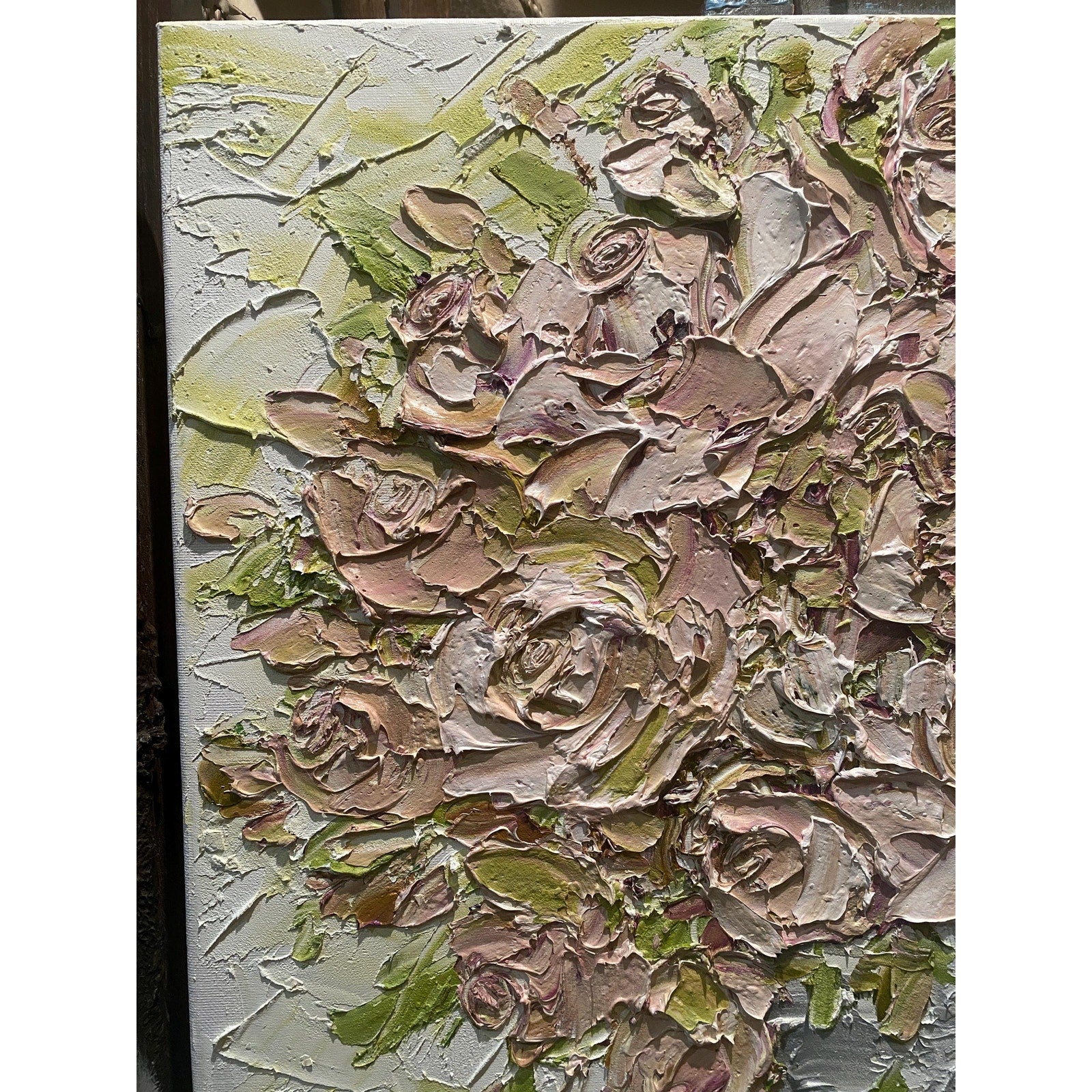 Mauve pink Roses floral oil painting bouquet still life ORIGINAL on canvas impasto Textured Palette knife Art 20x20" by Susanna Shap