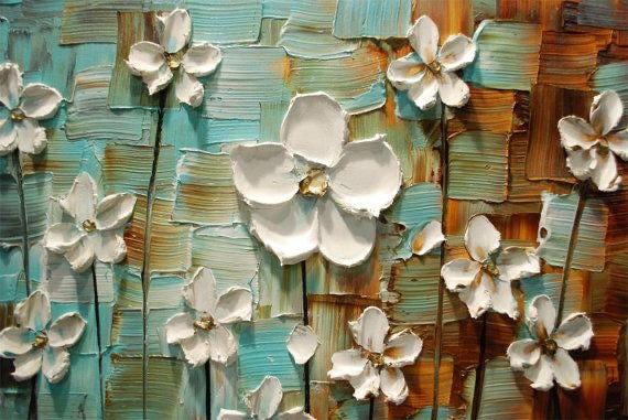 Original Painting White Flower Blossoms no.2 Modern Abstract Landscape, Earth tones Grey Beige Impasto Textured palette knife art by susanna shap (MADE2ORDER)
